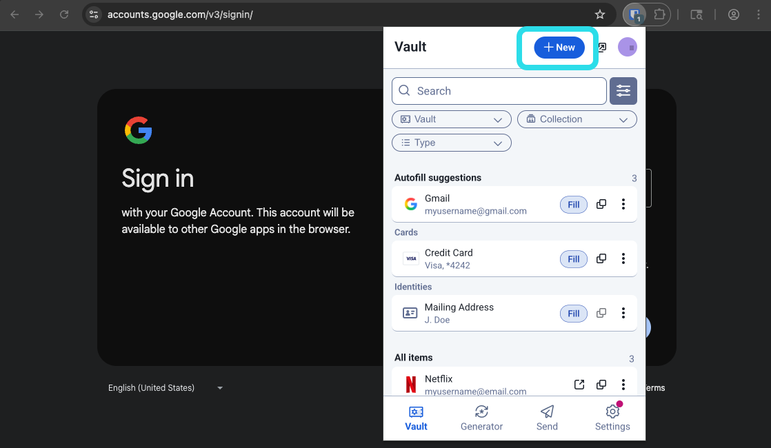 Browser-Erweiterung mit gespeicherten Zugangsdaten und Autofill-Vorschlägen