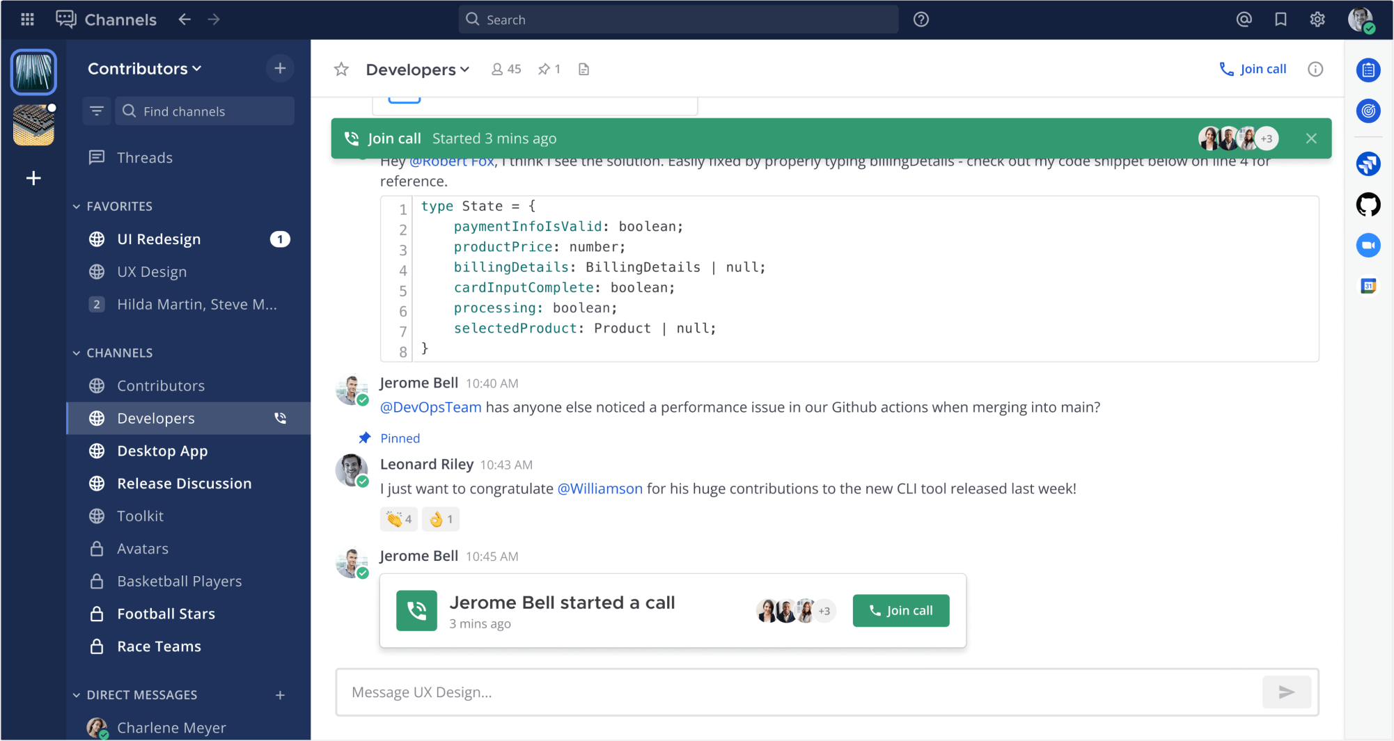 Mattermost Screenshot mit laufendem Call direkt im Channel