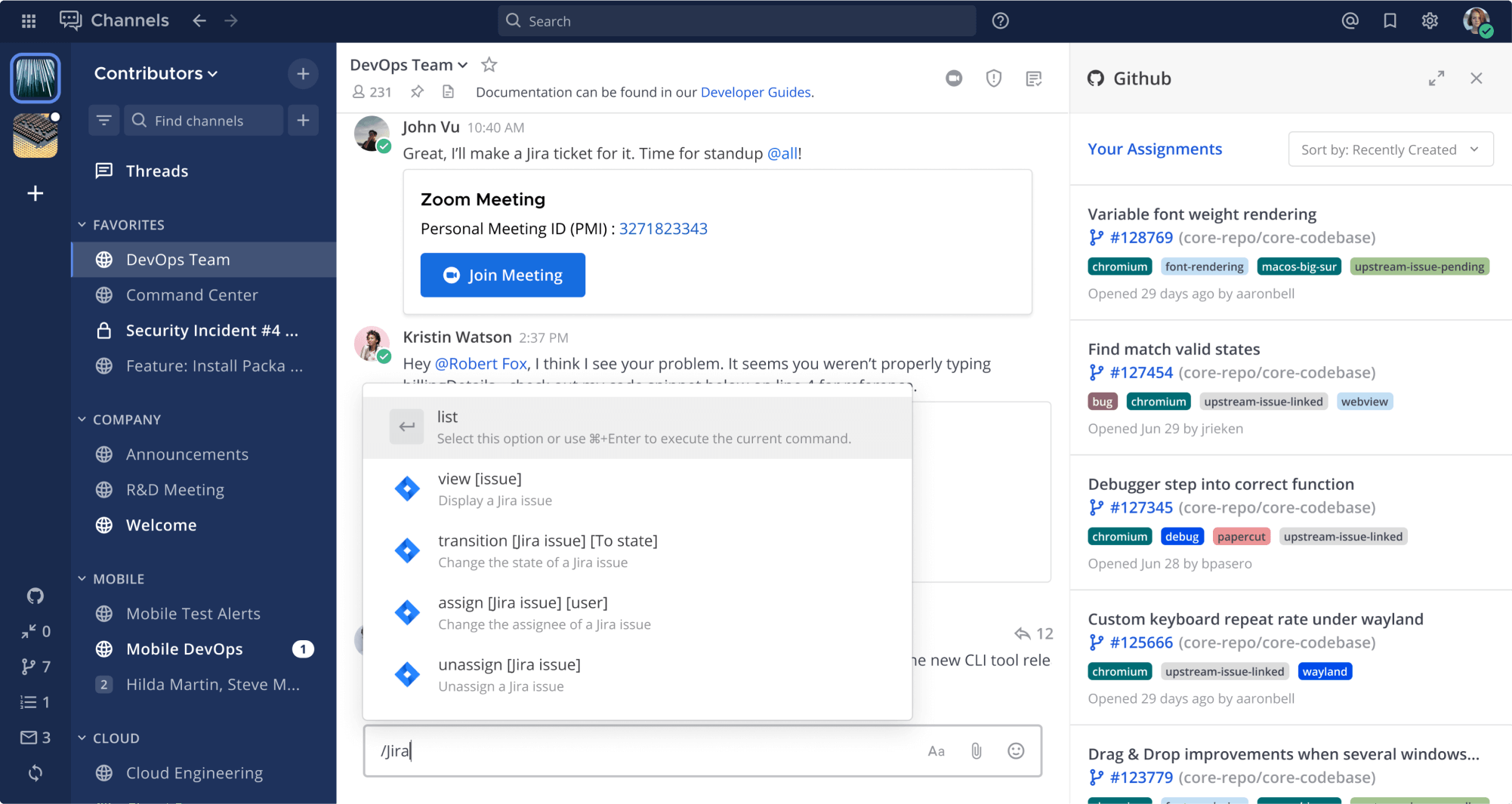 Mattermost Screenshot mit GitHub-Integration im Channel