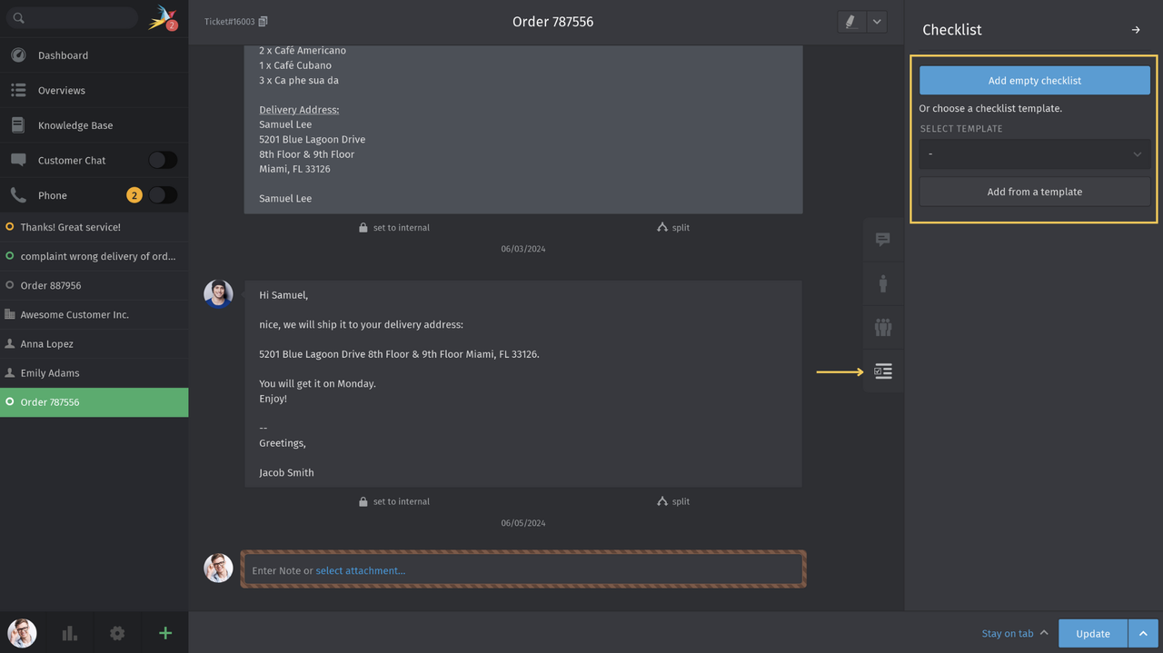 Zammad Screenshot mit Checklist-Funktion am Ticket