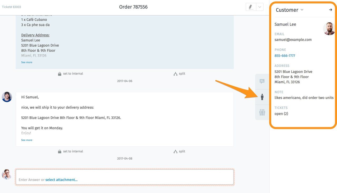 Zammad Screenshot mit Ticketverlauf und Kundendaten im Seitenpanel