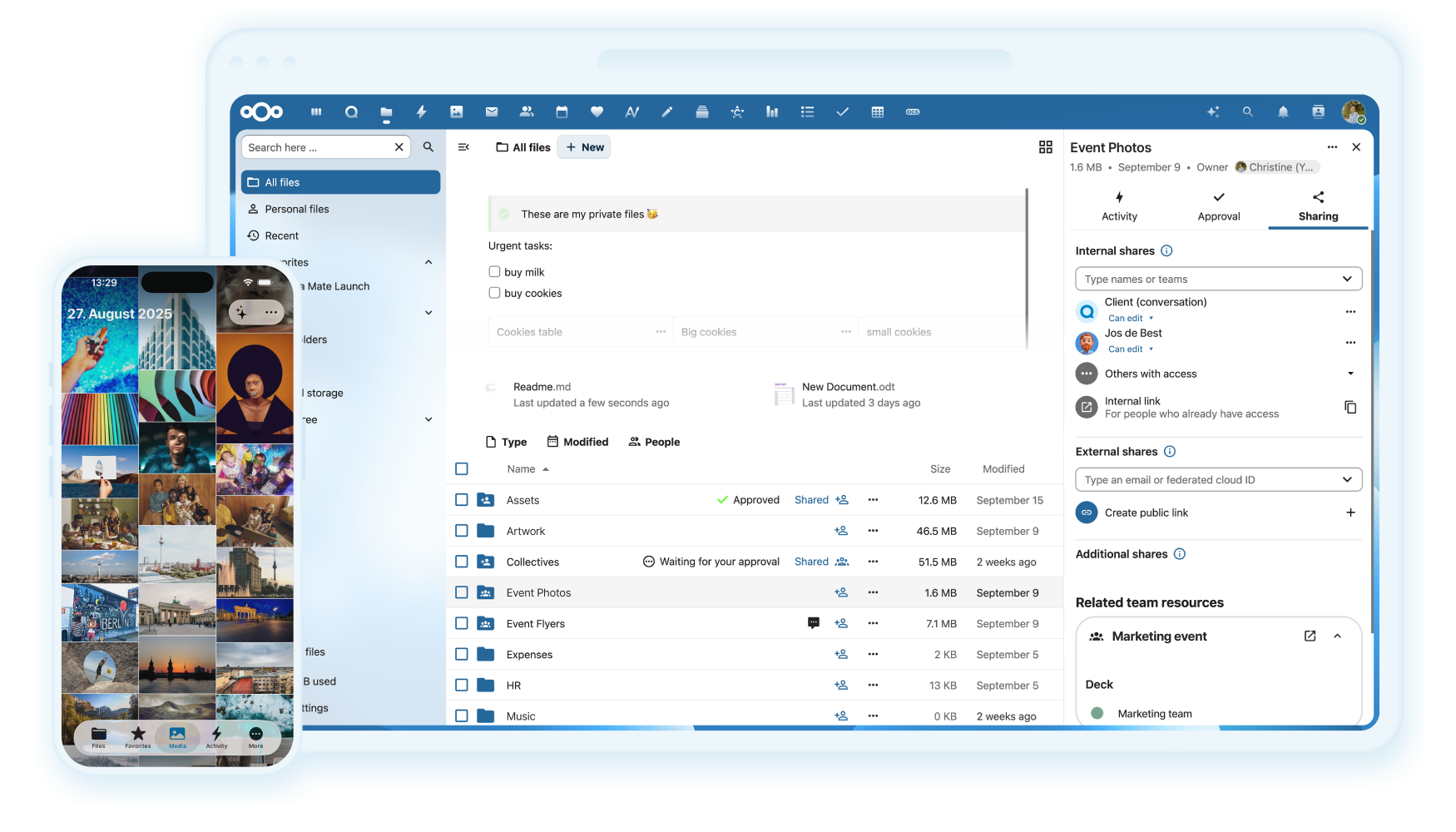 Nextcloud Screenshot mit Dateien, Freigaben und mobiler Ansicht