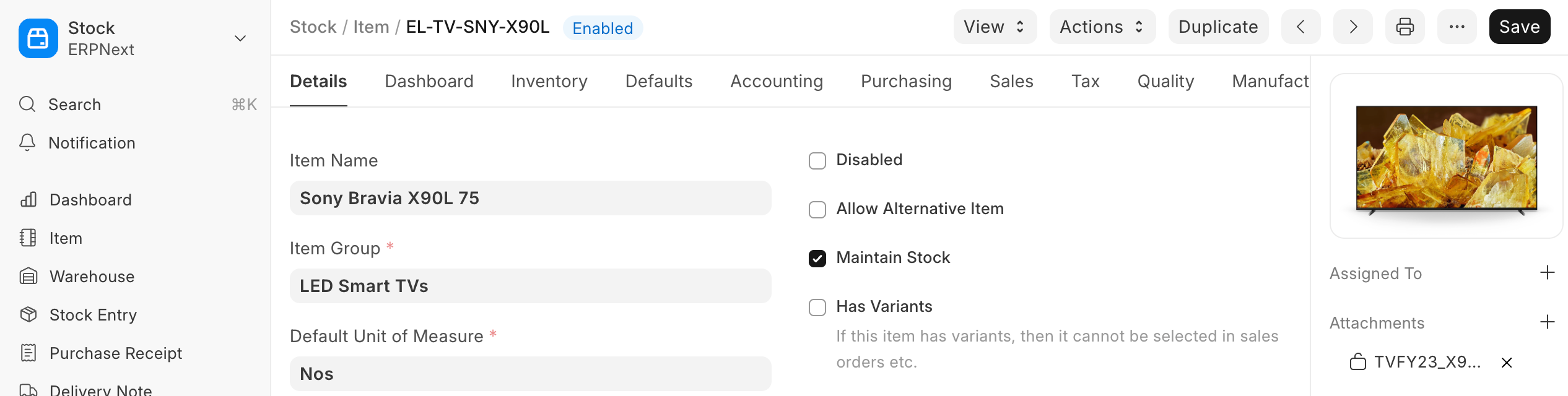 ERPNext Screenshot mit Artikelstammdaten und Modulen für Einkauf, Vertrieb und Bestand