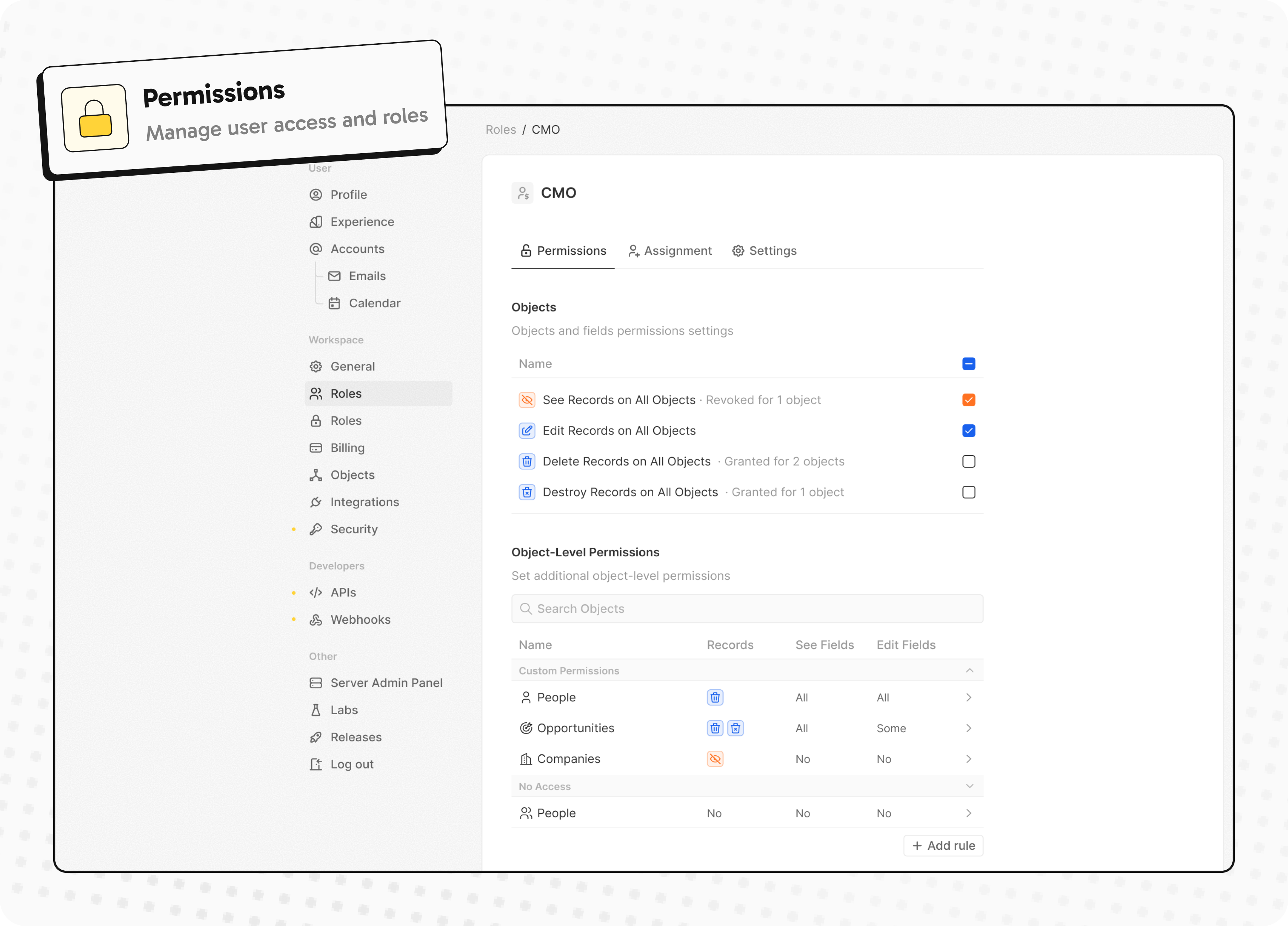 Twenty CRM Screenshot mit Rollen- und Rechteverwaltung
