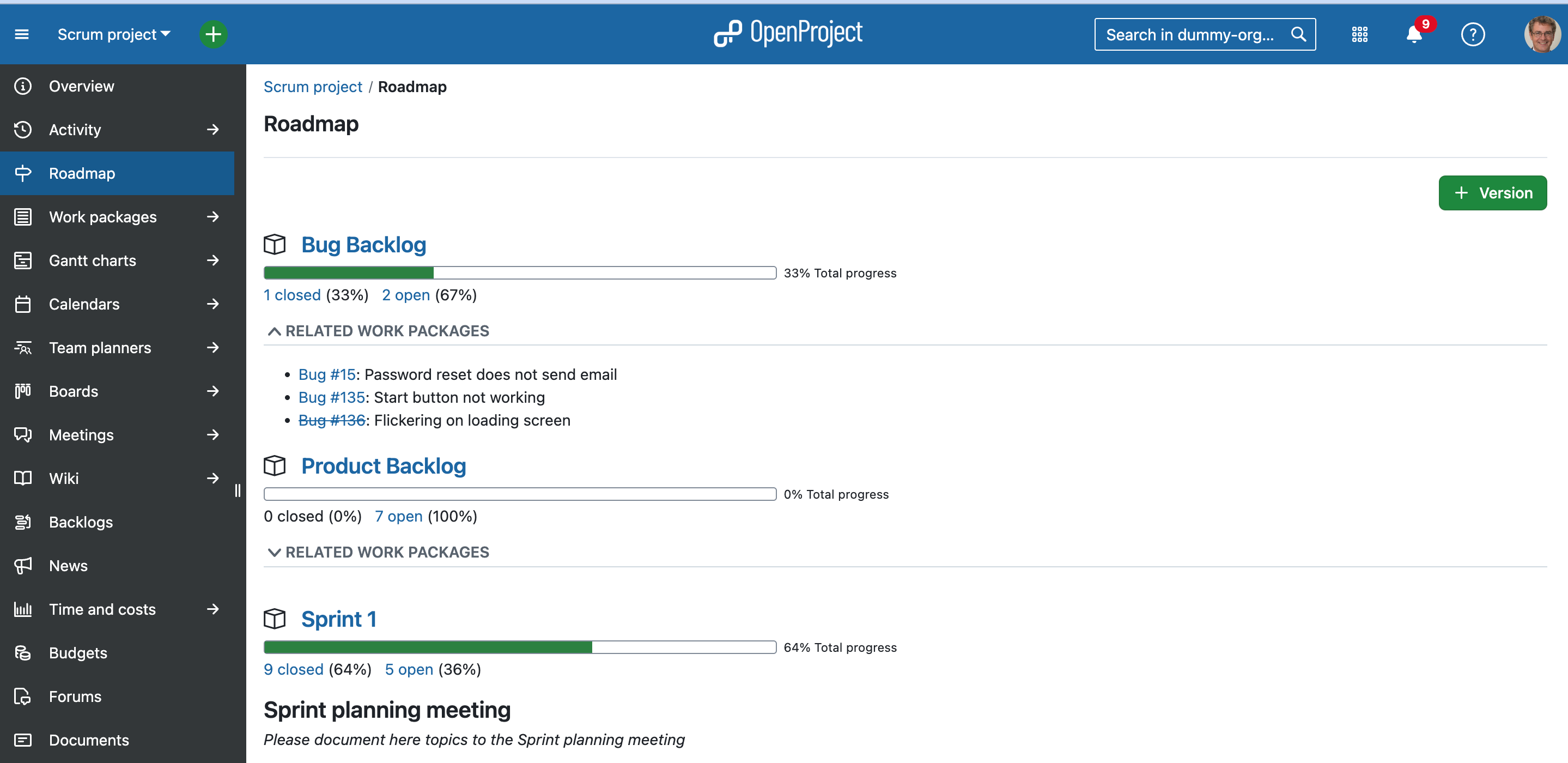 OpenProject Screenshot mit Roadmap und Versionsfortschritt