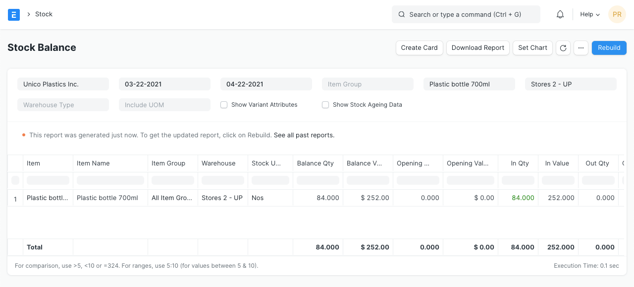 ERPNext Screenshot mit Lager- und Bestandsreport