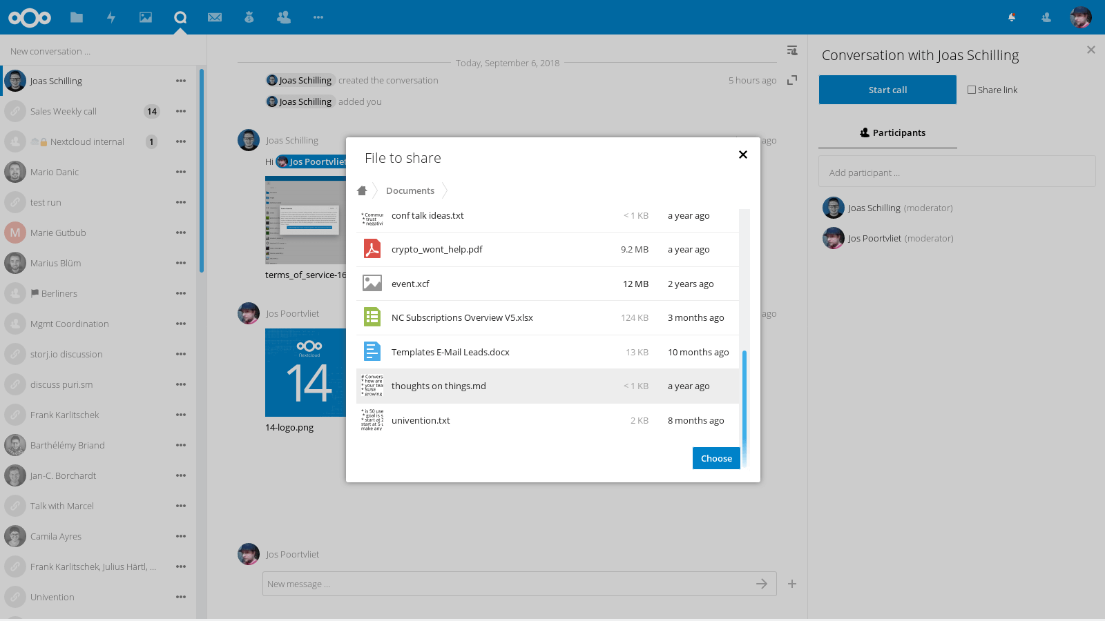 Nextcloud Talk Screenshot mit Dateifreigabe in einer Konversation