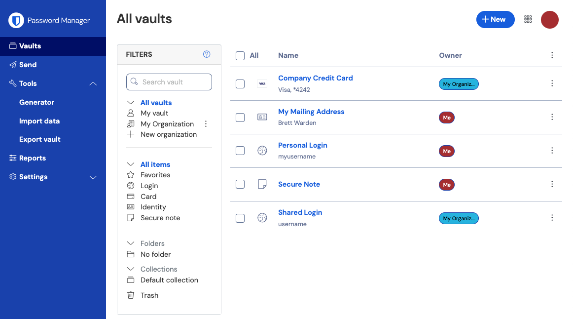 Web Vault mit gespeicherten Logins, Karten, Identitäten und Collections