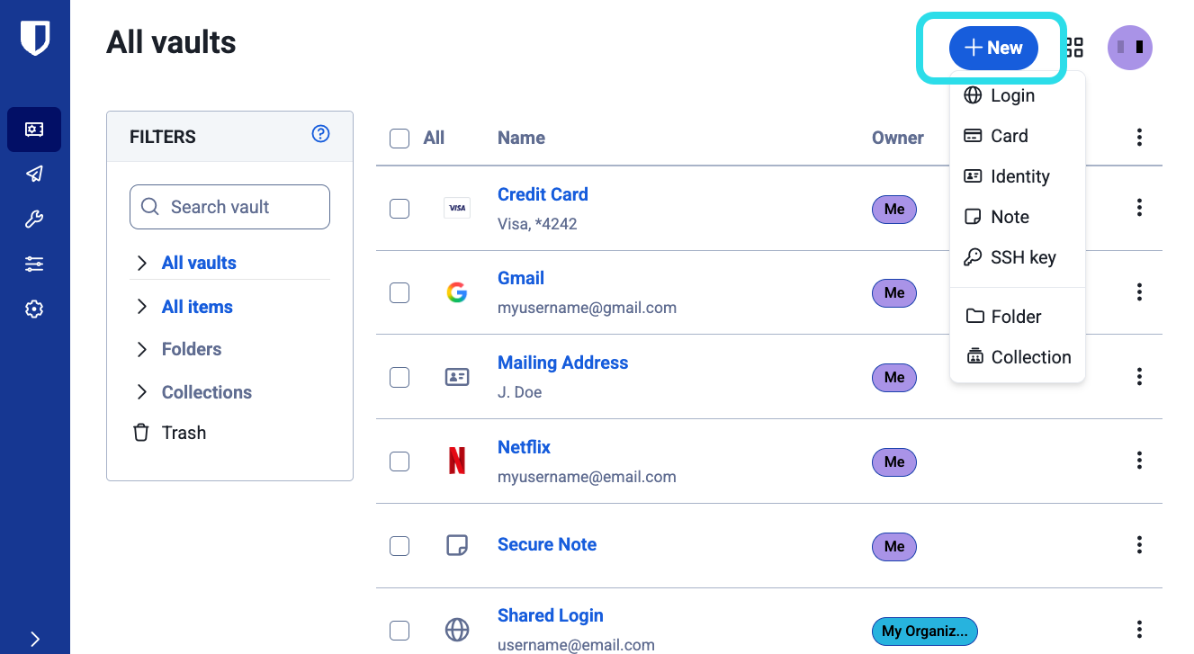 Vaultwarden beziehungsweise Bitwarden-kompatibler Web Vault mit gespeicherten Zugängen und Collections