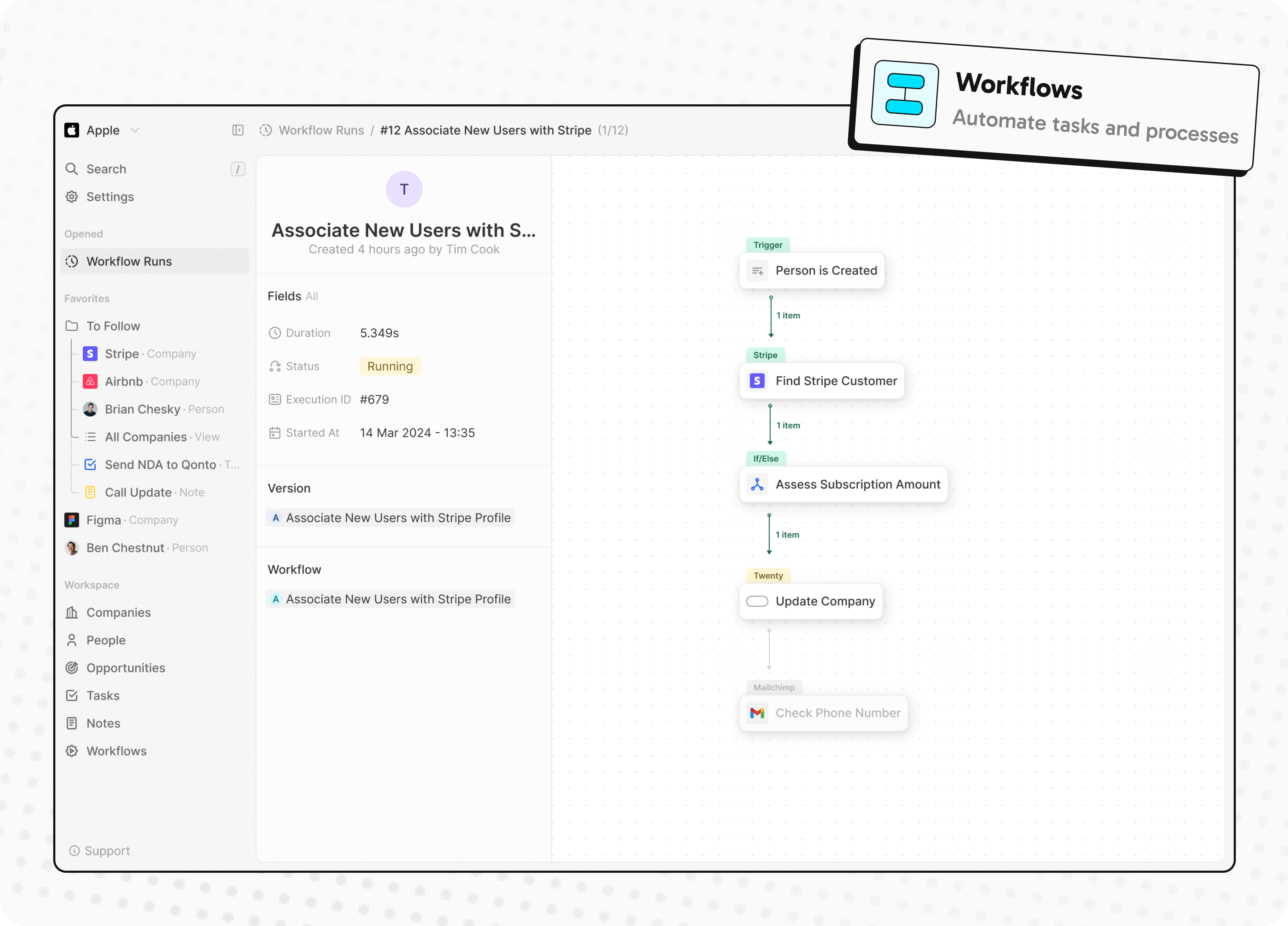 Twenty CRM Screenshot mit Workflow-Automatisierung